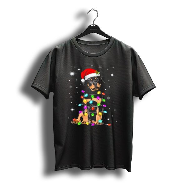 Rottweiler Puppy Santa Hat Christmas Lights Snowflakes T Shirt t shirt 1