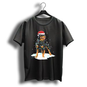 Rottweiler Santa Wrapped In Christmas Lights On Snow T Shirt