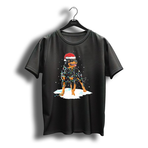 Rottweiler Santa Wrapped In Christmas Lights On Snow T Shirt t shirt 1