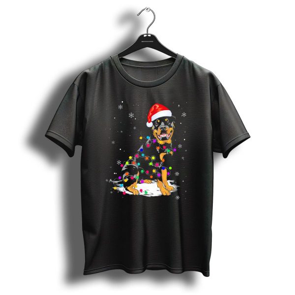 Rottweiler Wearing Santa Hat Wrapped In Colorful Christmas Lights With Snowflakes T Shirt 1 t shirt 1