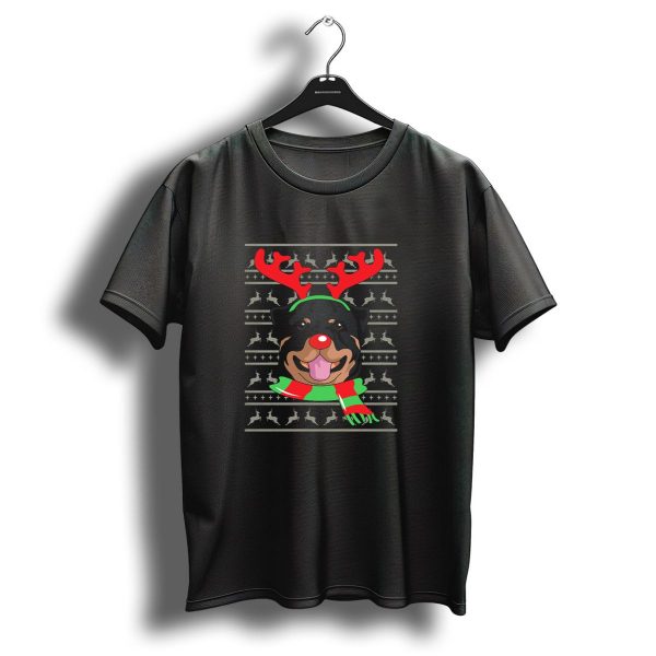 Rottweiler With Reindeer Antlers And Festive Scarf Christmas T Shirt 1 t shirt 1
