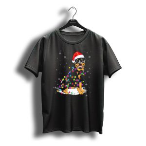 Rottweiler With Santa Hat And Colorful Christmas Lights In Snowy Scene T-Shirt