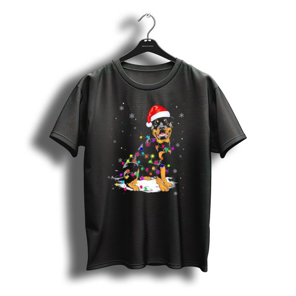 Rottweiler With Santa Hat And Colorful Christmas Lights In Snowy Scene T Shirt t shirt 1