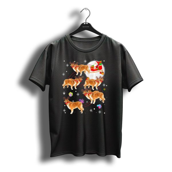 Rough Collie Reindeer Christmas Santa Sleigh Presents Snowflakes T Shirt t shirt 1