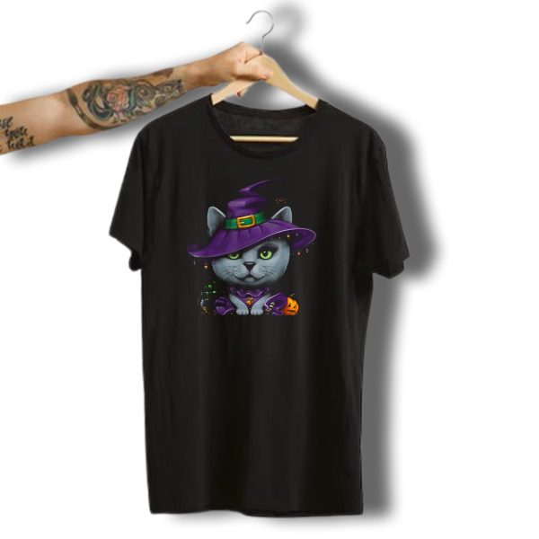 Russian Blue Cat With Witch Hat And Halloween Elements T Shirt t shirt 1
