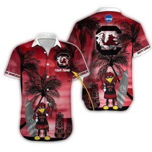 Personalized South Carolina Gamecocks Mascot Tiki Surf Floral Hawaiian Shirt