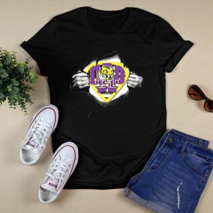Superdad Lsu Tigers Iconic Tiger Face Logo In Superhero S Chest Ripped Effect T-Shirt
