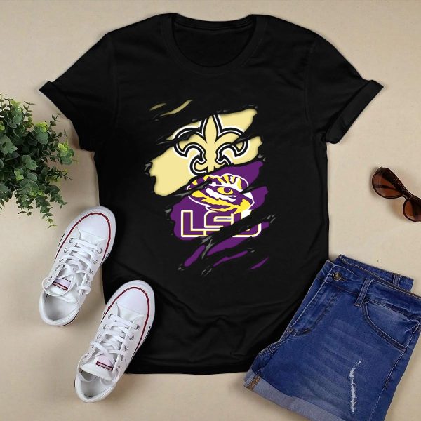Saints Fleur de Lis and LSU Tigers Logo Fusion T Shirt Black 1