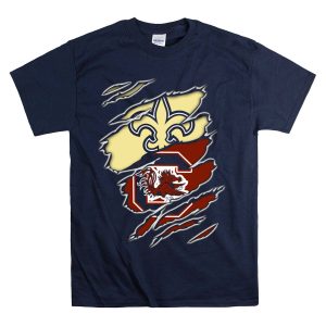 Saints Gamecocks Logo Crossover With Fleur De Lis And Fighting Rooster T-Shirt