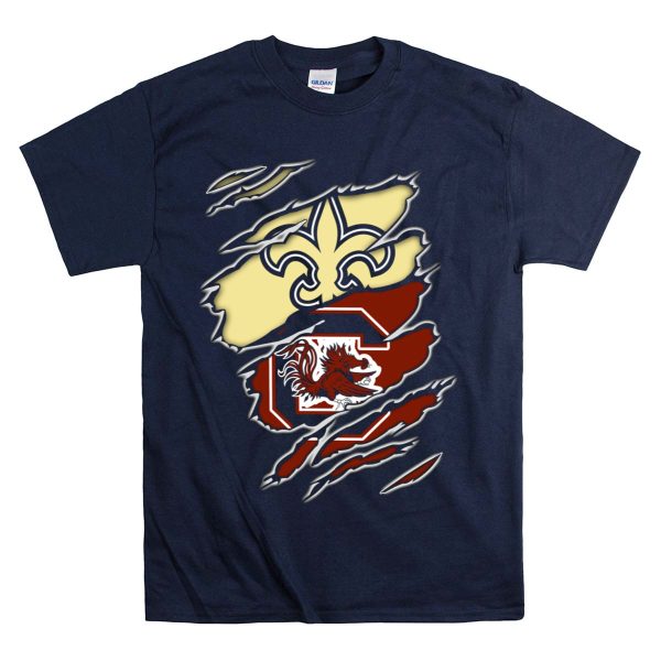 Saints Gamecocks Logo Crossover with Fleur de Lis and Fighting Rooster T Shirt 1 Navy