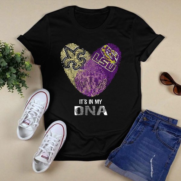 Saints Lsu Its In My Dna Fingerprint Heart Fleur De Lis Logo Purple Gold T Shirt Black 1