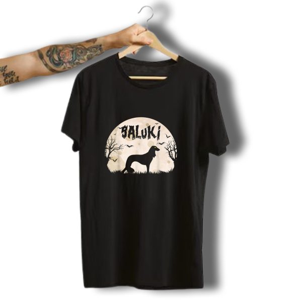 Saluki Halloween Horror Moonlit Silhouette Bats And Trees T Shirt t shirt 1
