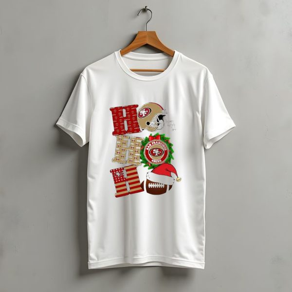 San Francisco 49Ers Ho Ho Ho Merry Christmas Football Helmet Wreath Santa Hat T Shirt t shirt 1