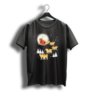 Santa Akita Inu Reindeer Sleigh Christmas Lights Snow Moon T-Shirt