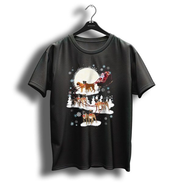 Santa And Boxer Dogs Pulling Reindeer Sleigh Christmas Moon Snowflakes T Shirt 1 t shirt 1