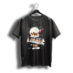 Santa And Boxer Dogs Pulling Reindeer Sleigh Christmas Moon Snowflakes T-Shirt