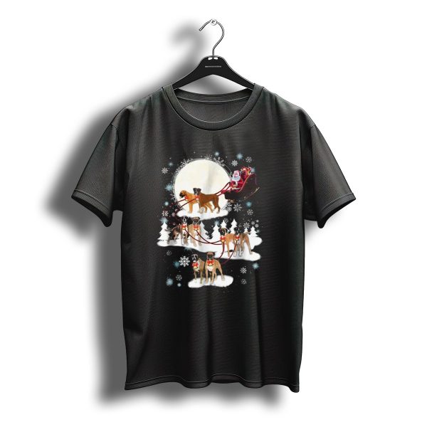 Santa And Boxer Dogs Pulling Reindeer Sleigh Christmas Moon Snowflakes T Shirt t shirt 1