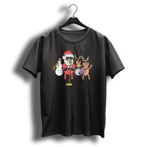 Santa And Reindeer Rock N Roll Christmas Band With Snowman Saxophone T Shirt