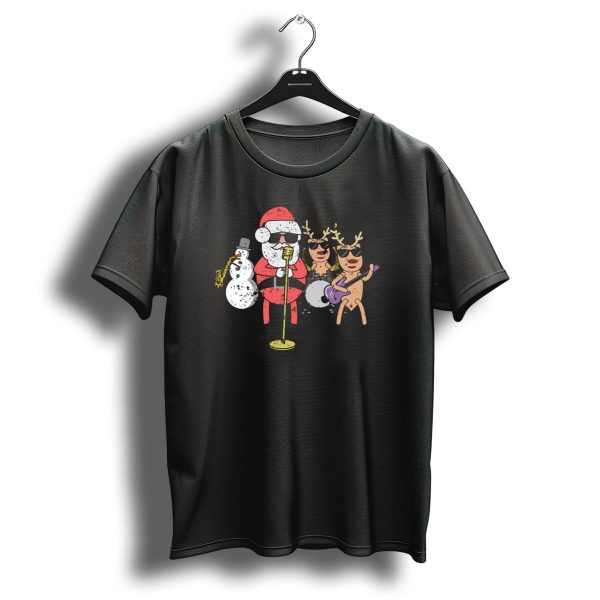 Santa And Reindeer Rock N Roll Christmas Band With Snowman Saxophone T Shirt 1 t shirt 1