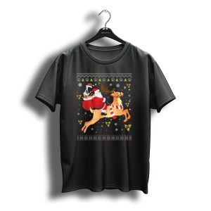 Santa And Reindeer With Border Collie In Gift Sack Christmas Scene T-Shirt