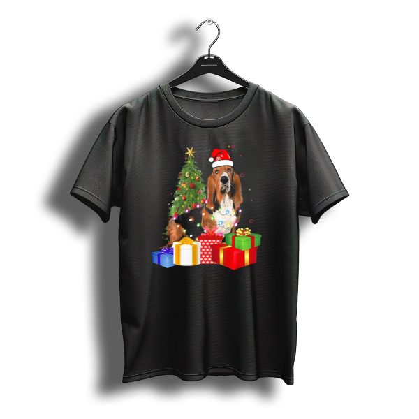 Santa Basset Hound Wrapped In Christmas Tree Lights With Presents T Shirt t shirt 1