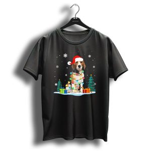 Santa Beagle Wrapped In Christmas Lights With Gifts And Trees T Shirt