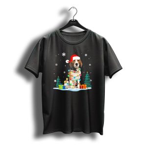 Santa Beagle Wrapped In Christmas Lights With Gifts And Trees T-Shirt