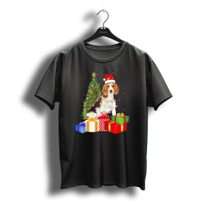 Santa Beagle Wrapped In Christmas Tree Lights With Gifts And Festive Hat T-Shirt