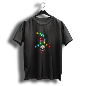 Santa Black Cat Upside Down Wrapped In Christmas Tree Lights T Shirt