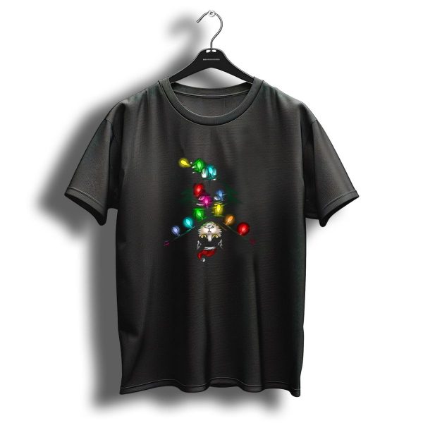 Santa Black Cat Upside Down Wrapped In Christmas Tree Lights T Shirt 1 t shirt 1