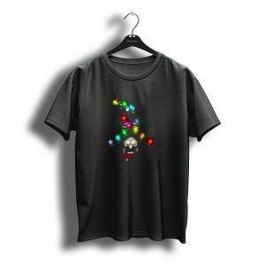 Santa Black Cat Upside Down Wrapped In Christmas Tree Lights T-Shirt