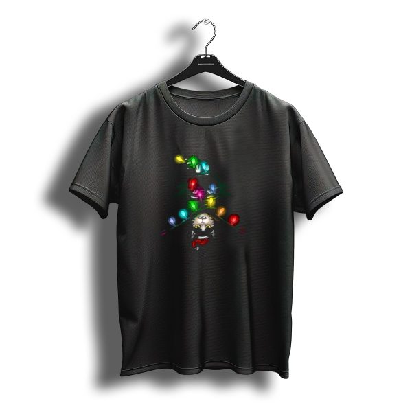 Santa Black Cat Upside Down Wrapped In Christmas Tree Lights T Shirt t shirt 1