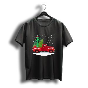 Santa Claus And Alien With Christmas Tree In Snowy Red Truck Scene T-Shirt