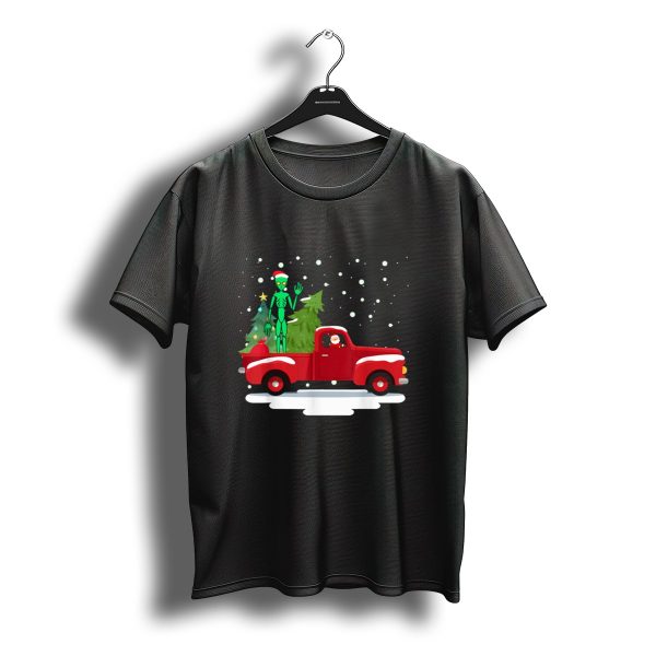 Santa Claus And Alien With Christmas Tree In Snowy Red Truck Scene T Shirt t shirt 1