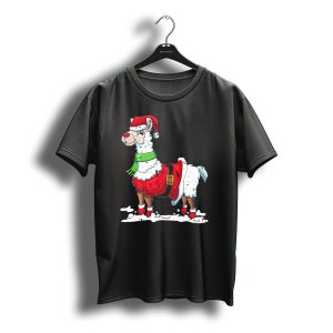 Santa Claus Costume Funny Alpaca Christmas Santa Hat Green Scarf Red Suit T-Shirt