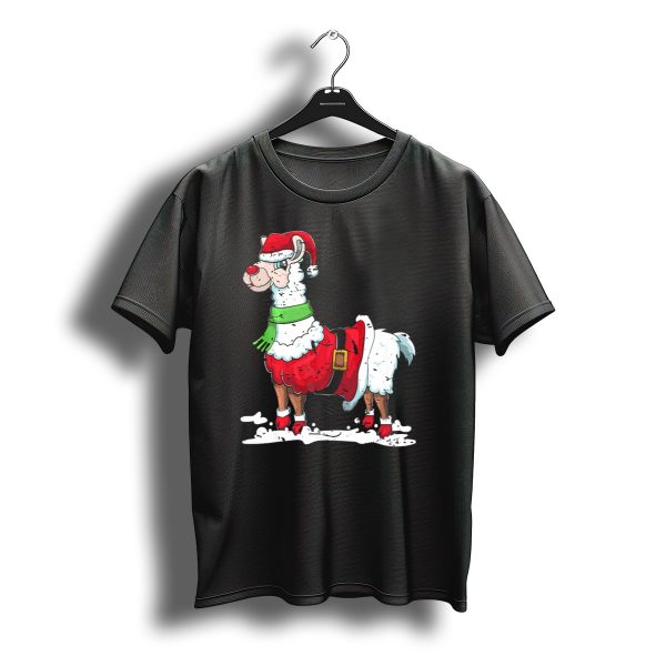 Santa Claus Costume Funny Alpaca Christmas Santa Hat Green Scarf Red Suit T Shirt t shirt 1