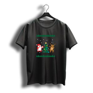 Santa Claus Dabbing With Reindeer Around Christmas Tree Snowflakes T-Shirt
