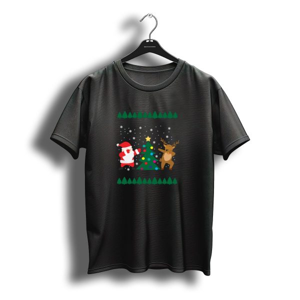 Santa Claus Dabbing With Reindeer Around Christmas Tree Snowflakes T Shirt t shirt 1