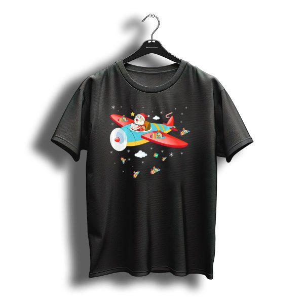 Santa Claus Flying Airplane With Christmas Gifts And Stars T Shirt t shirt 1