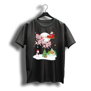 Santa Claus Flying With Poodle Dogs Sleigh Over Snowman And Christmas Tree Scene T-Shirt