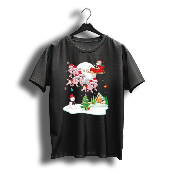 Santa Claus Flying With Poodle Dogs Sleigh Over Snowman And Christmas Tree Scene T Shirt t shirt 1