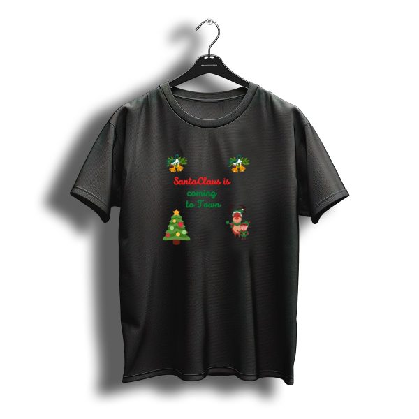 Santa Claus Is Coming To Town Christmas Tree Reindeer Elf Bells T Shirt t shirt 1