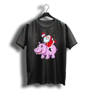 Santa Claus Riding A Happy Hippo Merry Christmas Stars T-Shirt