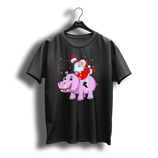 Santa Claus Riding A Happy Hippo Merry Christmas Stars T Shirt t shirt 1