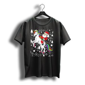 Santa Claus Riding A Unicorn Ugly Christmas Sweater With Stars And Snowflakes T-Shirt