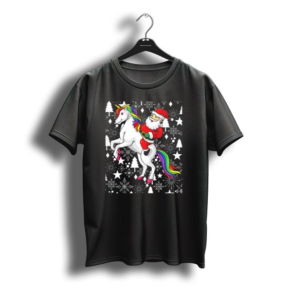 Santa Claus Riding A Unicorn Ugly Christmas Sweater With Stars And Snowflakes T Shirt t shirt 1