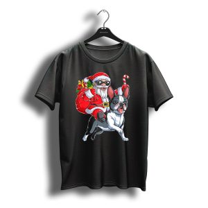 Santa Claus Riding Boston Terrier Christmas Adventure T-Shirt