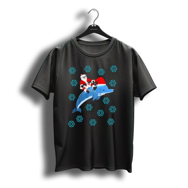 Santa Claus Riding Dolphin Surrounded By Snowflakes Christmas Humor T Shirt t shirt 1