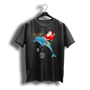 Santa Claus Riding Dolphin With Christmas Lights And Gifts T-Shirt