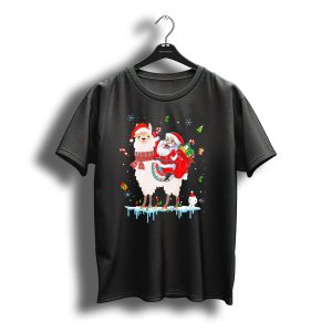 Santa Claus Riding Llama Ugly Xmas Alpac Candy Cane Snowflakes Christmas Lights T-Shirt
